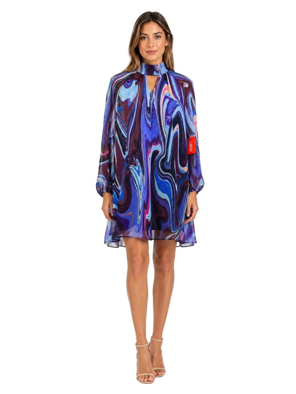 NWT InTempo Abstract Swirl Print Shimmer Dress Mock Neck Purple Blue Medium